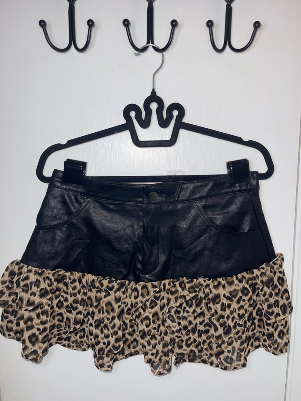 EUC Faux Leather Mini Skirt with Leopard Ruffle